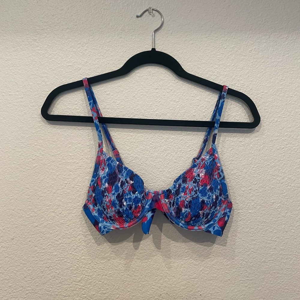 Blue purple and pink tie dye print smocked bikini top